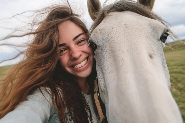 Foto cavalo e mulher retrato de animal sorrindo