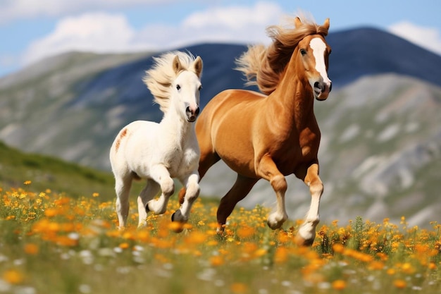 Foto cavalo e potro desfrutando de um brinquedo em um pasto