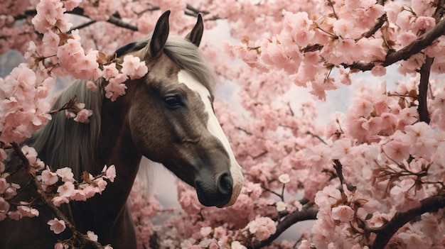 Cavalo em flores de magnólia