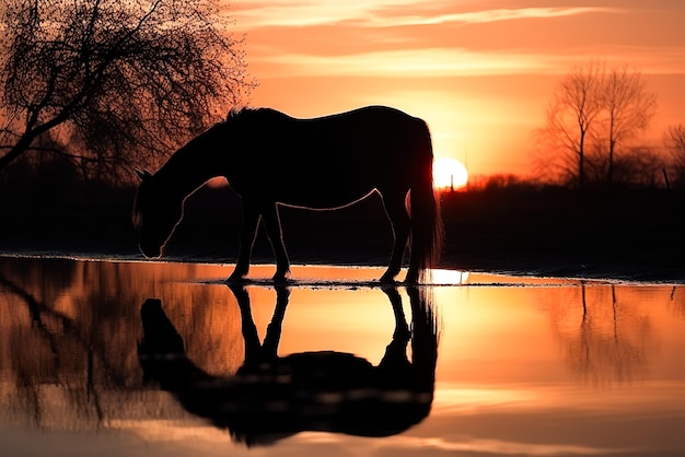 Cavalo em um poço de água ao pôr do sol refletido na água Generative AI