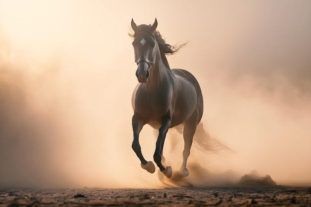 Cavalo fotográfico correndo no paddock na areia em animais de verão no pôr do sol do rancho