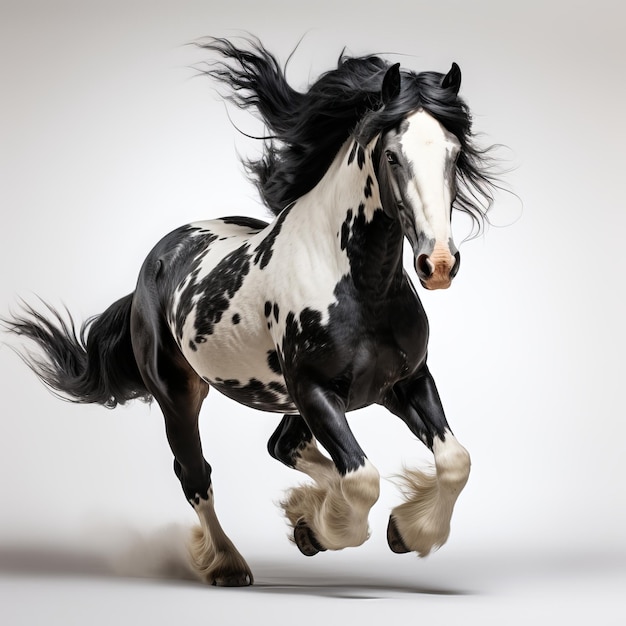 Cavalo frisão preto e branco com longa crina galopando com fundo branco