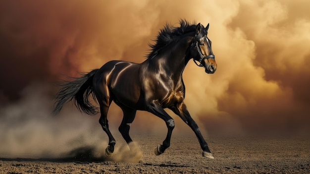 Cavalo galopante com um cenário dramático de céu laranja