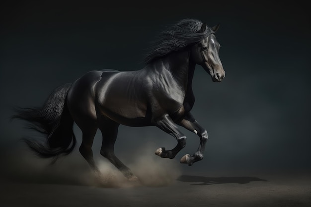 Cavalo garanhão preto galopando sobre fundo de poeira escura