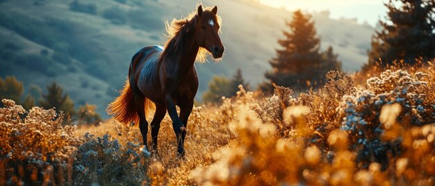 Foto cavalo majestoso no prado do golden sunset