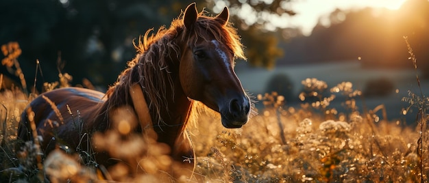 Foto cavalo majestoso no prado do golden sunset