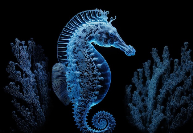 Cavalo-marinho artístico azul em imagem iluminada de fundo preto de um animal marinho Generative AI