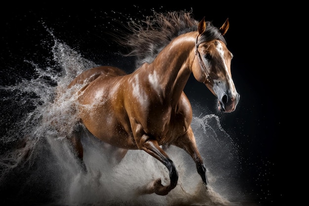 Cavalo marrom corre pela água com muitos salpicos grandes em fundo preto AI Generative