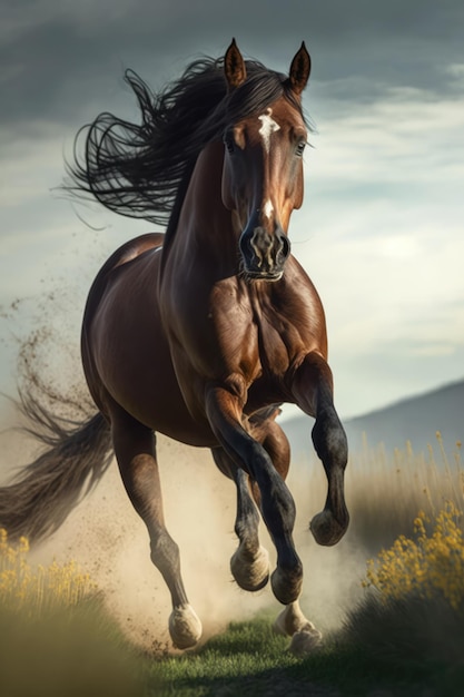 Cavalo marrom correndo em campo criado usando tecnologia de IA generativa