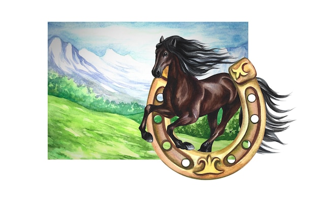 Cavalo marrom correndo no fundo de uma paisagem montanhosa Aquarela de mão