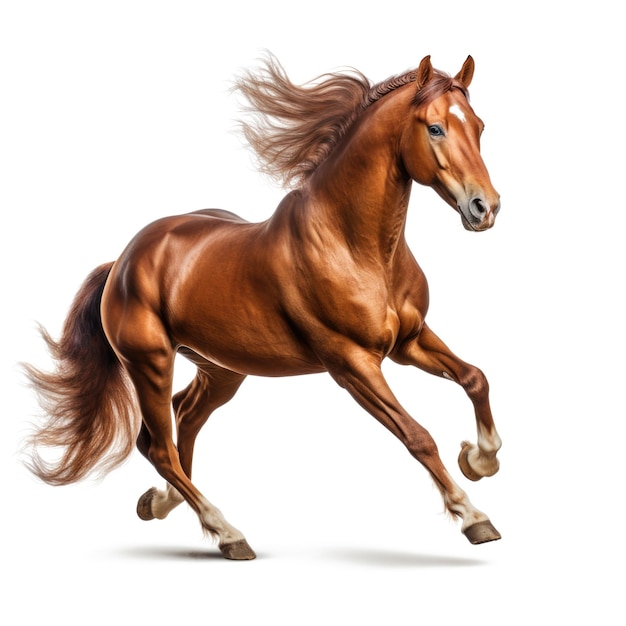 Cavalo marrom de raça pura isolado em fundo branco Garanhão galopante