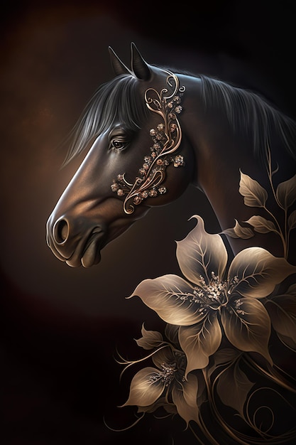 Cavalo Marrom Árabe Retrato com Flores Cartaz de Arte Digital de Luxo Generativa IA