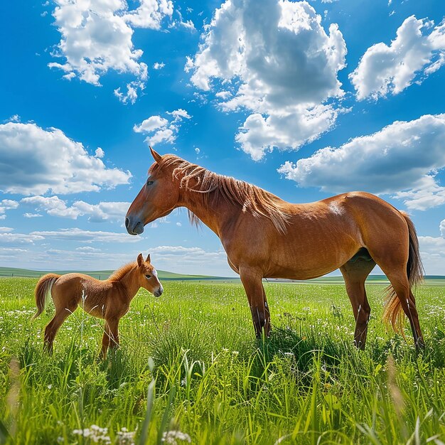 Cavalo monge e potro pastando em pastagens