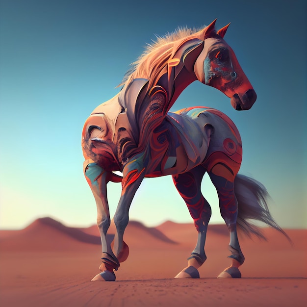 Cavalo no deserto ilustração 3d estilo retrô