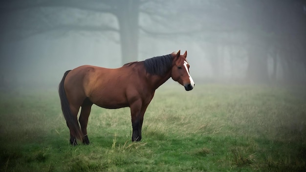 Cavalo no prado de nevoeiro