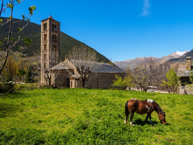 Cavalo pastando no pé de uma igreja