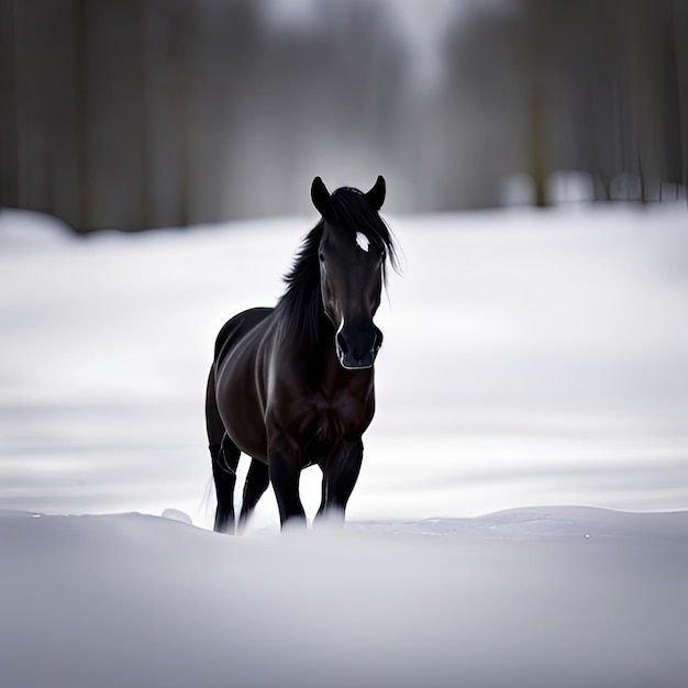 Foto cavalo preto na neve branca