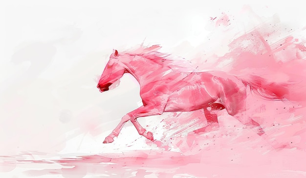 Cavalo rosa a galopar sobre um fundo branco