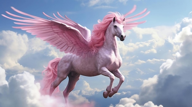 Cavalo rosa com asas nas nuvens