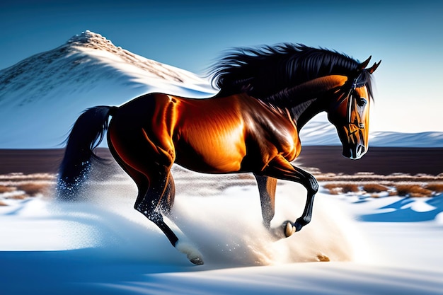Cavalo selvagem correndo pela paisagem nevada Arte digital