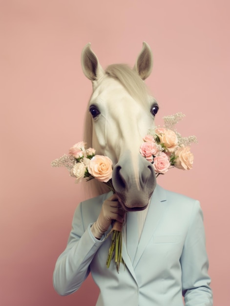 Cavalo surrealista em terno segurando rosas estilo vintage