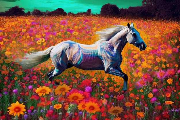 Cavalo Trippy correndo pelo campo psicodélico de flores