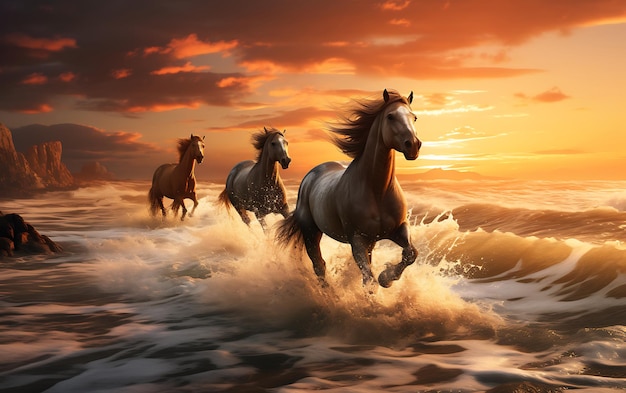 Foto cavalos a correr na praia ao pôr do sol