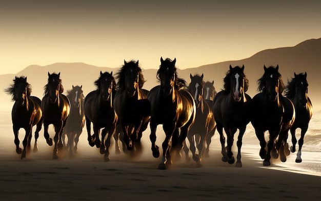 Foto cavalos a correr na praia ao pôr do sol