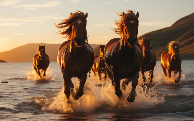 Foto cavalos a correr na praia ao pôr do sol