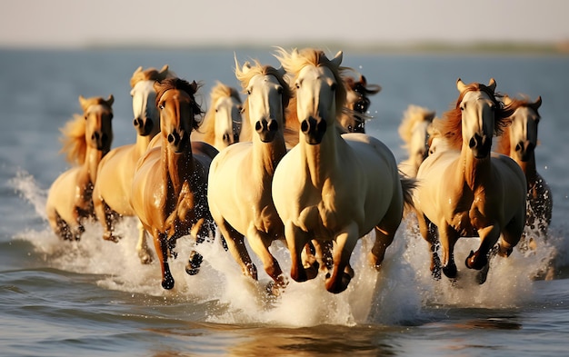 Foto cavalos a correr na praia ao pôr do sol