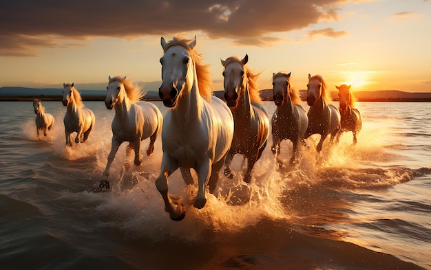 Foto cavalos a correr na praia ao pôr do sol