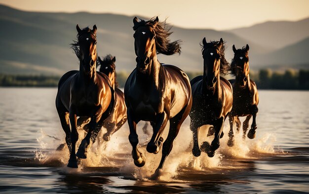 Foto cavalos a correr na praia ao pôr do sol