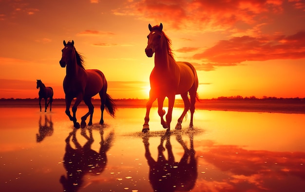 Foto cavalos a correr na praia ao pôr do sol