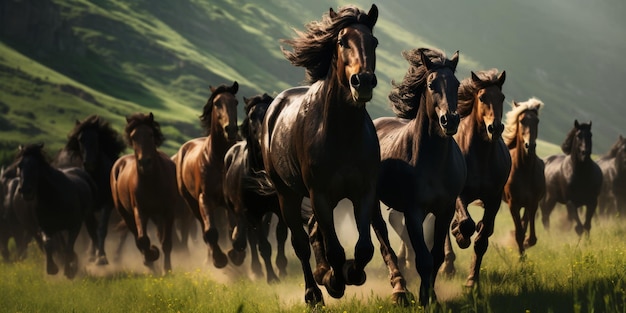 Foto cavalos a galopar na estepe ia generativa