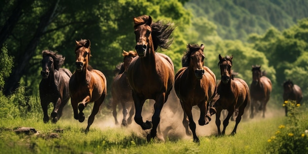 Foto cavalos a galopar na estepe ia generativa