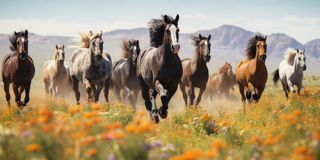 Foto cavalos a galopar na estepe ia generativa