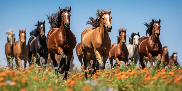 Foto cavalos a galopar na estepe ia generativa