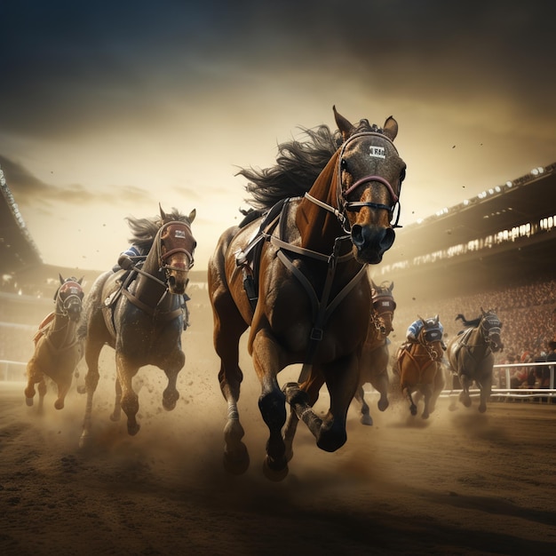 Cavalos artísticos correndo em grupo em uma pista de corrida