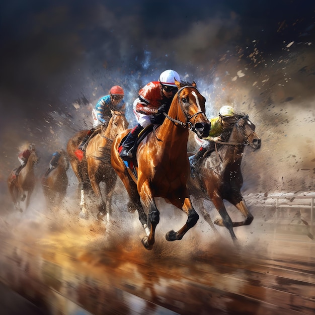 Cavalos artísticos correndo em grupo em uma pista de corrida