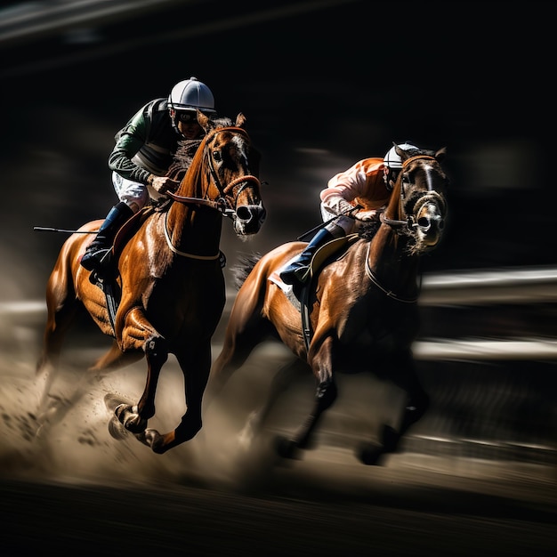 Cavalos artísticos correndo em grupo em uma pista de corrida
