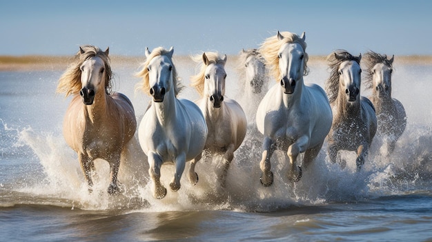 Foto cavalos brancos correndo juntos na praia céu limpo imagem gerada por ia