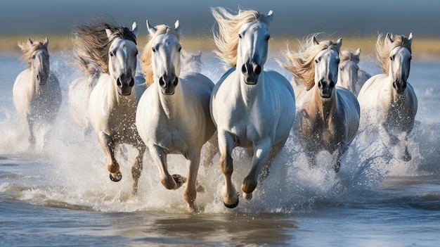 Cavalos brancos correndo juntos na praia céu limpo imagem gerada por IA