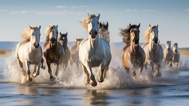 Cavalos brancos correndo juntos na praia céu limpo imagem gerada por IA