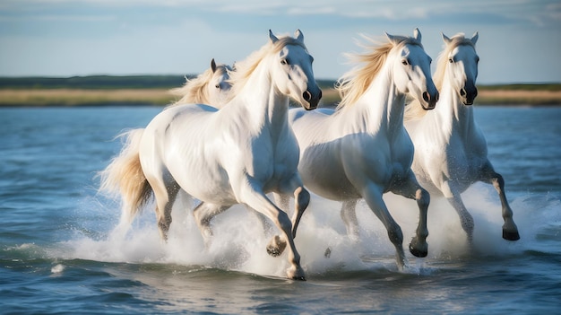 Cavalos brancos correndo na água