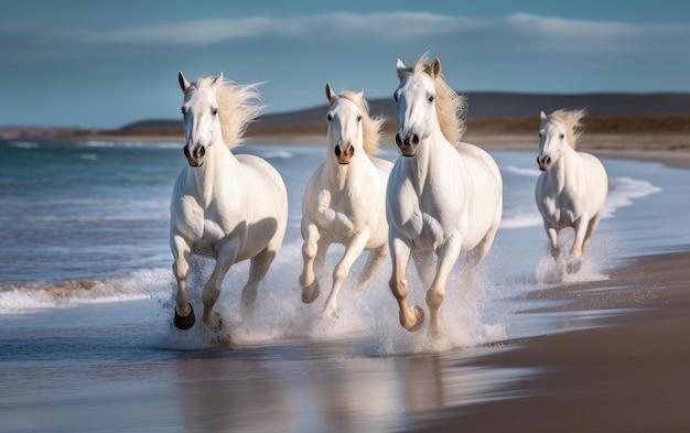 Foto cavalos brancos galopando na praia generative ai