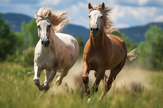 Cavalos brincalhões em pastagens gramíneas