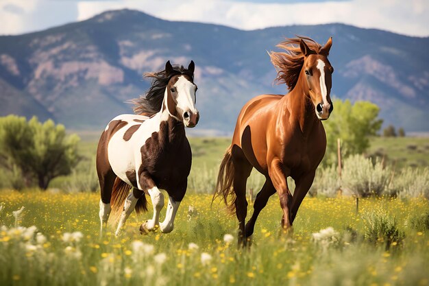 Cavalos brincalhões em pastagens gramíneas