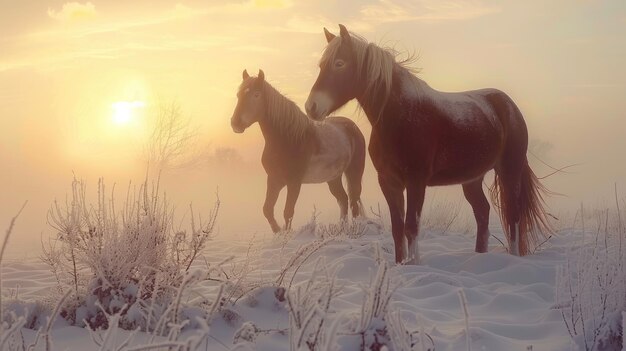 Cavalos castanhos em um paddock coberto de neve no campo no inverno