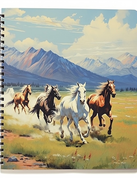 cavalos correndo em um campo com montanhas ao fundo generativo ai