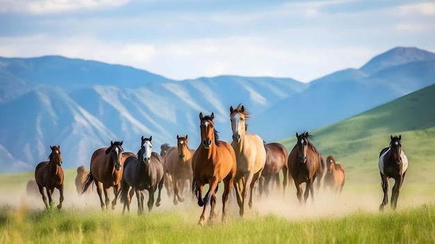 Cavalos correndo em um campo com montanhas ao fundo